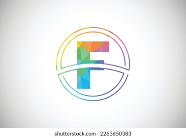 Low poly style letter F with a circle frame. Graphic alphabet symbol for corporate business identity