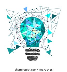Low Poly Style Light blue bulb. Vector abstract Illustration on isolated background. Idea concept. T-shirt design