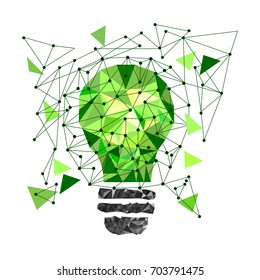 Low Poly Style Light green bulb. Vector abstract Illustration on isolated background. Idea concept. T-shirt design