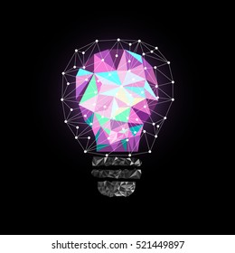 Low Poly Style Light purple bulb. Vector abstract Illustration on black background. Idea concept