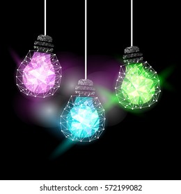 Low Poly Style Light purple blue and green bulb. Vector abstract Illustration on black background. Idea concept.