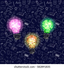 Low Poly Style Light purple blue and green bulb. Vector abstract Illustration on blue school, science background.