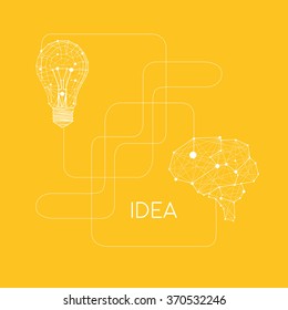 Low Poly Style Linear Light bulb connected with brains. Vector abstract Illustration with sample text. Abstract business poster