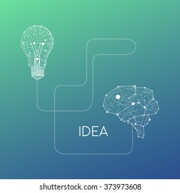 Low Poly Style Linear Light bulb connected with brains. Vector abstract Illustration with sample text. Abstract science poster