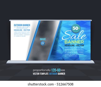Low Poly Style Outdoor Banner Vector Background. Advertising Corporate Cover Design with Image Add Feature, Business Elements and Print Ready Polygonal Out Door Ad, Website Horizontal Banners Template