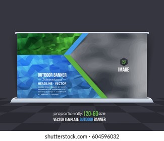 Low Poly Style Outdoor Banner Vector Background. Advertising Corporate Cover Design with Image Add Feature, Business Elements and Print Ready Polygonal Ad, Website Horizontal Template