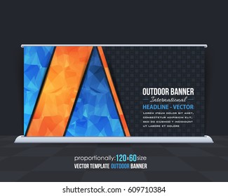 Low Poly Style Outdoor Banner Vector Background. Advertising Corporate Cover Design with Image Add Feature, Business Elements and Print Ready Polygonal Ad, Website Horizontal Template