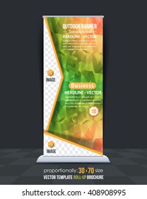 Low Poly Style Roll-Up Banner, Advertising. Vector Colorful Background Design