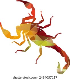 Low poly style scorpion vector illustration featuring a scorpion designed with geometric shapes and solid colors. The polygonal art creates a modern, abstract look, perfect for use in digital art, gra