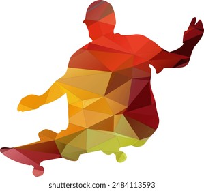 Low poly style skater vector illustration featuring a skateboarder designed with geometric shapes and solid colors. The polygonal art creates a modern, abstract look, perfect for use in digital art