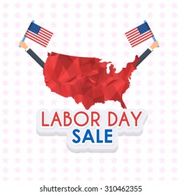 Low Poly Style USA Map and Hands Hold American Flags, Labor Day Sale Background Vector Design 