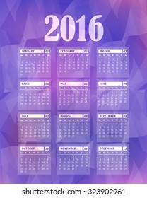 Low Poly Style Violet Background 2016 Full Calendar Template - Promotion Poster Vector Design, Week Starts Sunday