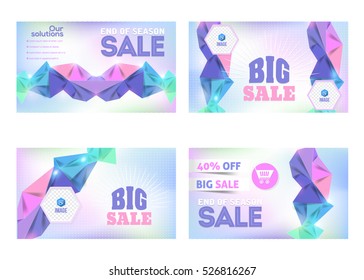 Low Poly Style Website Banner, Horizontal Frames Web Layout Ad, Vector Cover Illustration. Image Add Business Advertisement Banners Design Collection with Creative Complex Geometric Elements Set