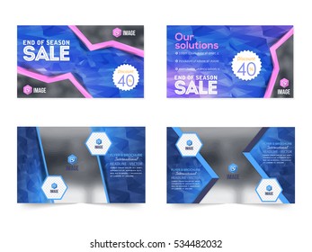Low Poly Style Website Banner, Horizontal Frames Web Layout Ad, Vector Cover Illustration. Image Add Business Advertisement Banners Design Collection with Creative Complex Geometric Elements Set