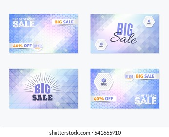 Low Poly Style Website Banner, Horizontal Frames Web Layout Ad, Vector Cover Illustration. Image Add Business Advertisement Banners Design Collection with Creative Complex Geometric Elements Set