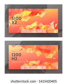 Low Poly Style Website Landing Page Banners Set, Modern Background with Triangle Polygonal Pattern. Creative Geometric Design in Origami Style, Red, Orange Yellow Colors. Web Page, Vector Illustration