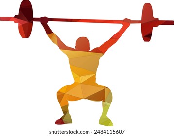 Low poly style weightlifting vector illustration featuring a weightlifter designed with geometric shapes and solid colors. The polygonal art creates a modern, perfect for use in digital sport