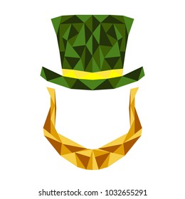 Low poly style.Saint Patricks Day. Leprechaun with beard. Irish modern leprechaun. Vector illustration. Ideal for posters, party invitations, web banners and greeting cards