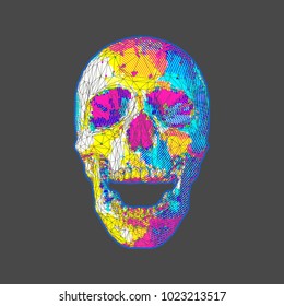 Low poly stylized bright colorful skull with circle stripe pattern on dark background