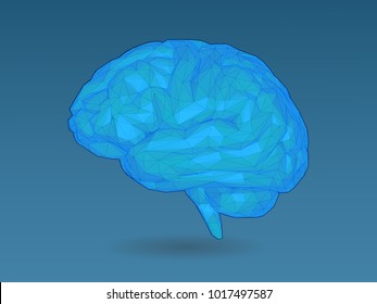 Low poly stylized colorful blue brain with 3D shading and wireframe illustration on dark blue background
