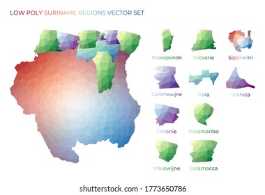 Low poly stylized vector map of Suriname with highlighted regions. Geometric design for presentations or infographics.