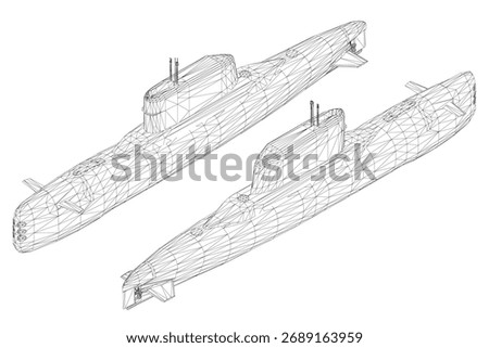 Low poly submarine wireframe model with intricate blueprint details on a white background. The 3D illustration features clean lines and a minimalist aesthetic.