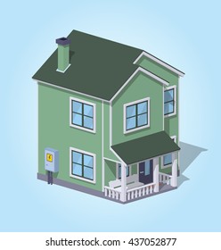 Low poly suburban house against the blue background. 3D lowpoly isometric vector illustration