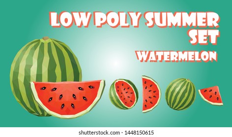 Low poly summer set. Watermelon fruit polygon slice and full
