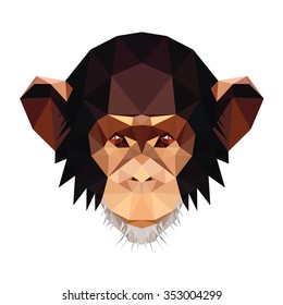 Low poly symmetrical vector illustration of chimpanzee monkey head isolated on white background.