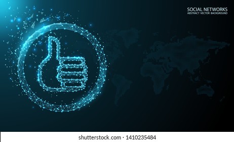 Low poly technical concept illustration. Hands with gestures like, on futuristic dark blue  background. Map of the world communication social network. 3D polygonal network line.