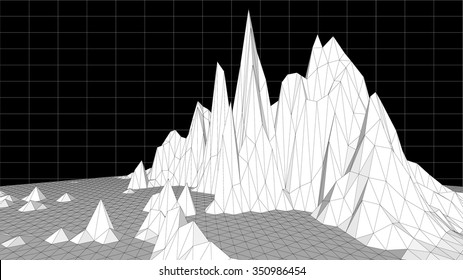 Low poly terrain on a black background with a grid