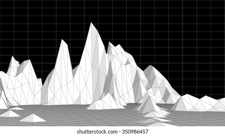 Low poly terrain on a black background with a grid