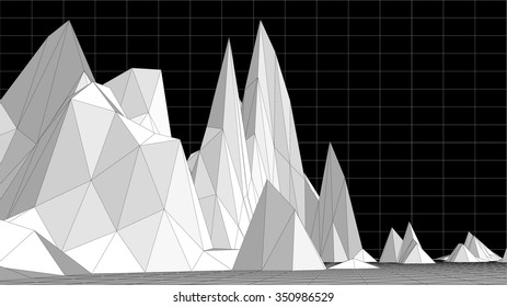 Low poly terrain on a black background with a grid
