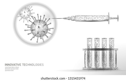 Low poly test tube virus syringe. Laboratory analysis medical disease infection treatment. Modern science technology medicine research banner template vector illustration