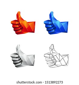 Low poly thumb up icons set on a white background. Vector geometric like symbol in 3D polygon style.