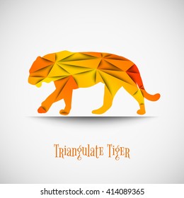 Low poly tiger. Triangulate wilde animals. Orange tiger as origami. Walking  tiger on the light background. Vector tiger.