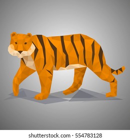 Low poly tiger. Vector illustration in polygonal style. Beautiful animal on gray background.