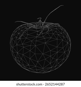 Tomate poli baixo renderizado em estilo wireframe com um efeito 3D, colocado em um fundo preto para contraste impressionante. O design geométrico realça bordas limpas e superfícies angulares.