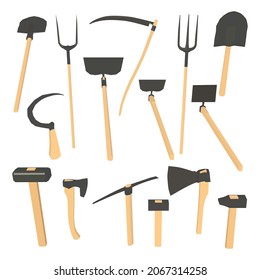 low poly tools pack, sledgehammer, hammer, axe, rake, Sickle, Scythe, Pitchfork, Mattock, Hoe