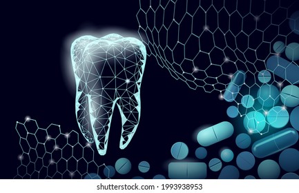 Low poly tooth drug capsule medical concept. Whitening enamel reconstruction healthcare. Polygonal healthy dentistry procedure vector illustration