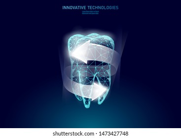 Low poly tooth protection medical concept. Whitening toothpaste enamel reconstruction healthcare. Polygonal healthy dentistry procedure glowing arrow around tooth vector illustration