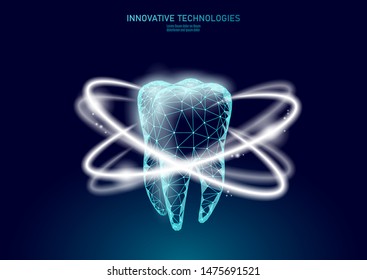 Low Poly Tooth Protection Medical Concept. Whitening Toothpaste Enamel Reconstruction Healthcare. Polygonal Healthy Dentistry Procedure Glowing Circle Around Tooth Vector Illustration