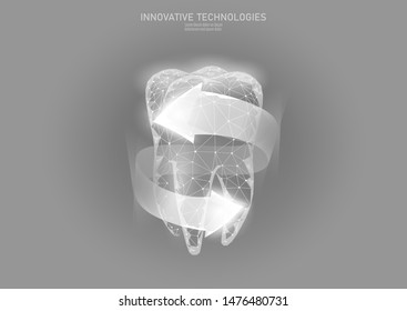 Low poly tooth protection medical concept. Whitening toothpaste enamel reconstruction healthcare. Polygonal healthy dentistry procedure glowing arrow around tooth vector illustration