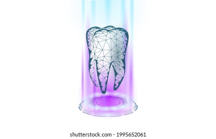 Low poly tooth protection medical concept. Whitening toothpaste enamel reconstruction healthcare. Polygonal healthy dentistry procedure glowing circle around tooth vector illustration