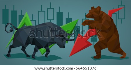 Low poly trade bull and bear.  Vector illustration in polygonal style. Financial graph background.