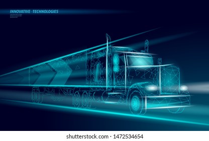 Low poly transport abstract truck. Lorry van fast delivery shipping logistic. Polygonal dark blue speed highway industry international transportation traffic vector illustration