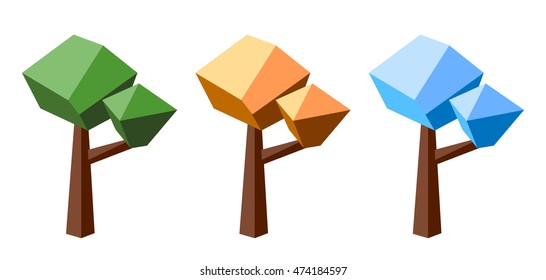 Low poly tree colored in three seasons colors: summer, autumn and winter. Seasonal design element. Tree isolated on white. Green and orange leaves. Snow crown. Polygonal vector illustration