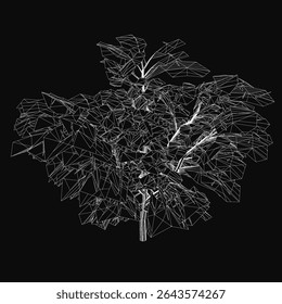 Low poly tree with geometric shapes and clean lines, forming an intricate and modern design on a black background. The abstract composition features angular polygons and sharp edges, creating a.