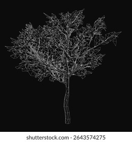 Low poly tree with geometric shapes and clean lines, forming an intricate design on a black background. The abstract style features angular polygons and sharp edges, creating a modern digital artwork.