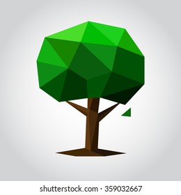 Low poly tree with green leaf and brown trunk. Isolated on white backdrop. Vector illustration.